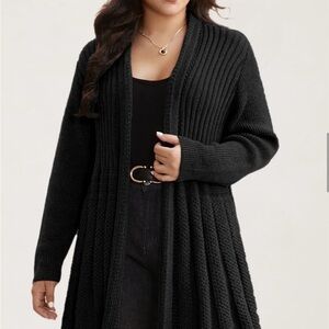 BloomChic Black Ribbed Open-Front Cardigan-Plain Textured Kimono Collar Cardigan
